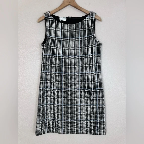 St John Prince Of Wales Black White Houndstooth Wool Shift Dress US 8 $995